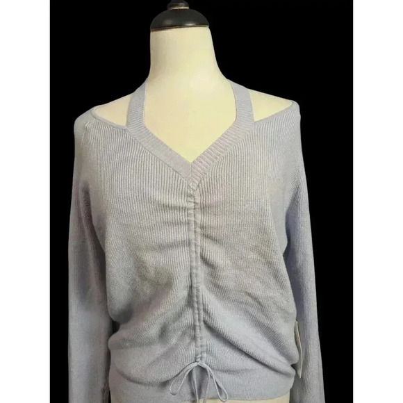 NEW Twine & String Large Purple Cinch Front V-neck Cold Shoulder Knit Sweater - Picture 2 of 7